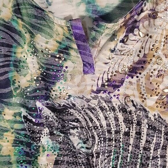 Zebra Print Womens T-Shirt With Rhinestones By Onque Casuals Size L Polyester/Sp - Picture 2 of 6